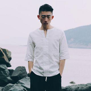 Elbow-sleeve Notched-neck Shirt