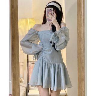 Off-shoulder Shirred A-line Dress Light Gray - One Size
