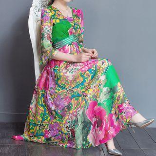 Print A-line Midi Silk Dress