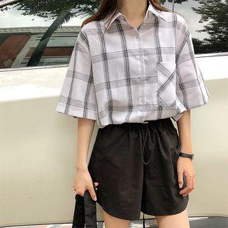Plaid Elbow-sleeve Blouse / High Waist Shorts