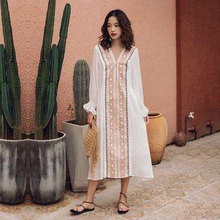 Long-sleeve V-neck Ethnic Printed Dress
