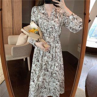 Puff Sleeve V-neck Floral Print Midi Dress