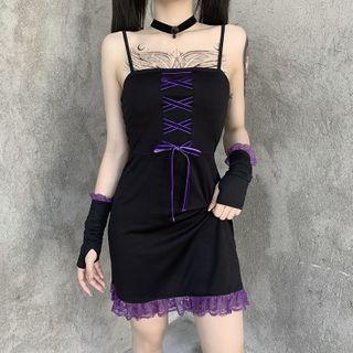 Set: Spaghetti Strap Lace Trim Mini Dress + Arm Sleeves