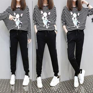 Set: Dog Print Stripe Batwing Top + Sweatpants