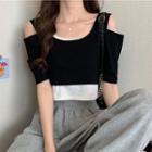 Short Sleeve Cold Shoulder Mock Two Piece Cropped Top