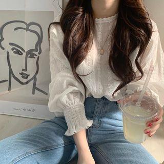 Embroidered Balloon-sleeve Blouse White - One Size