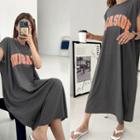 Letter Print Over-fit Long Dress Charcoal Gray - One Size