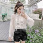 Lace Panel Long Sleeve Fringed Top