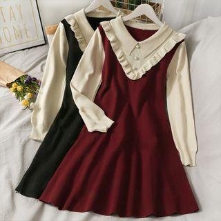 Ruffled-trim Coloblock V-neck Dress