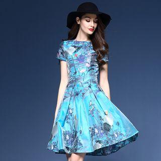 Short-sleeve Print A-line Midi Dress