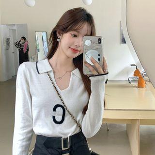 Polo-neck Lettering Knit Top