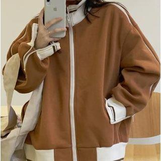 Contrast Trim Zip-up Jacket Khaki - One Size