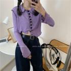 Long-sleeve Contrast Trim Cropped Polo Shirt