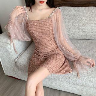 Faux Pearl Mesh-sleeve A-line Mini Dress