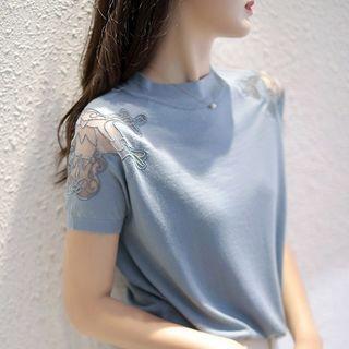 Short-sleeve Embroidered Mesh Panel Knit Top