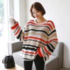 Drop-shoulder Stripe Knit Top Red - One Size