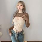 Set: Long-sleeve Crop Top + Lace-up Camisole Top