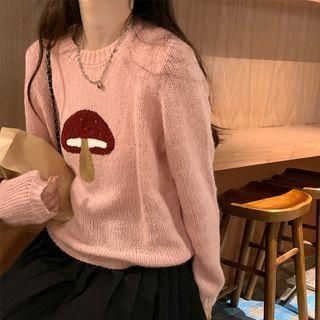 Mushroom Print Sweater Sweater - Red & Brown & Pink - One Size