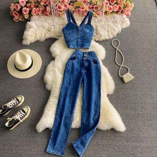 Set:skinny Denim Crop Tank Top+skinny High Waist Jeans