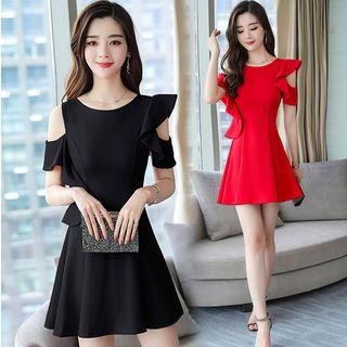 Crew-neck Ruffle Trim A-line Dress