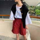 Printed 3/4-sleeve T-shirt / Gingham Shorts / Buttoned Vest