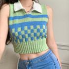 Checkered Cropped Sweater Vest Green - One Size