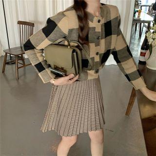 Plaid Cardigan / Pleated Mini A-line Skirt