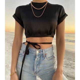 Cap-sleeve Tie-waist Crop Top