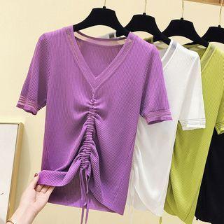 Plain Short-sleeve Drawstring V-neck Knit Top