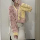 Two-tone V-neck Cut-out Knit Cardigan