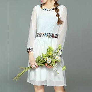 Long-sleeve Printed-trim Dress