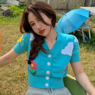 Short-sleeve Jacquard Button Knit Top Blue - One Size