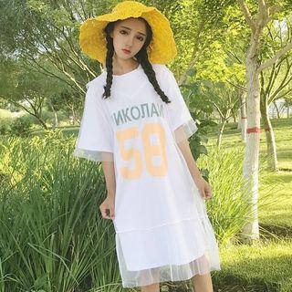 Elbow-sleeve Mesh Overlay Letter T-shirt Dress