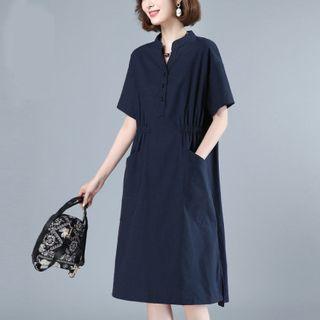 Short-sleeve Stand Collar Midi Shift Dress