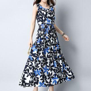 Leaf Print Sleeveless A-line Maxi Dress