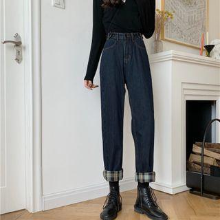 High-waist Plaid Panel Straight Leg Jeans
