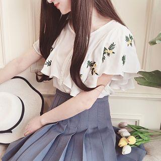 Floral Embroidered Ruffled Chiffon Blouse