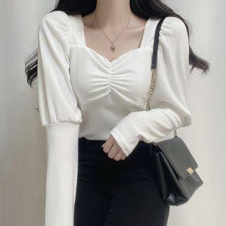 Ruched Ribbed Knit Sweater