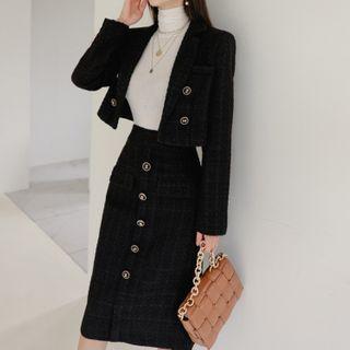 Set: Plaid Cropped Blazer + Midi Straight-fit Skirt
