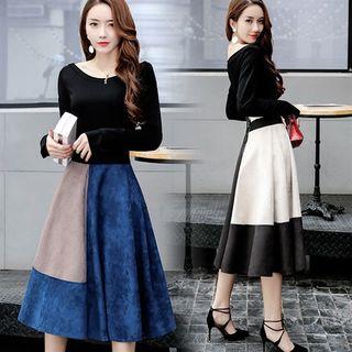 Set: Long-sleeve Velvet T-shirt + A-line Midi Skirt
