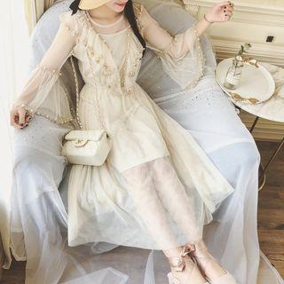 Set: Slipdress + Long-sleeve Beaded A-line Midi Dress