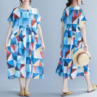 Print Round-neck Batwing-sleeve Medium Maxi Dress Blue - F