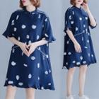 Elbow-sleeve Frill Trim Buttoned Printed Dress