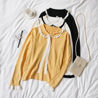 Long-sleeve Contrast-panel Collared Knit Top