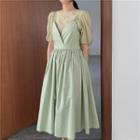 Set: Puff-sleeve Blouse + Spaghetti Strap Midi A-line Dress