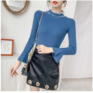 Bell Sleeve Ruffle Trim Mock Neck Knit Top