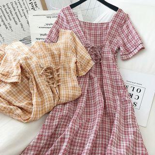 Plaid Lace-up Short-sleeve A-line Dress