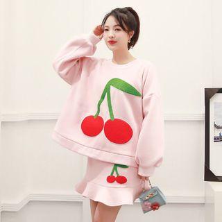 Set: Cherry Print Sweatshirt + Ruffle Hem Mini A-line Skirt