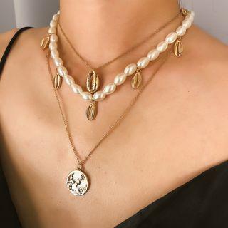 Faux Pearl Alloy Shell Pendant Layered Necklace