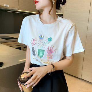 Short-sleeve Floral Beaded T-shirt